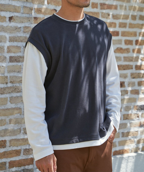 ikka（イッカ）の「モール鹿の子フェイクベストロンT（Tシャツ/カットソー・メンズ・チャコールグレー/グリーン/ベージュ/ネイビー・XL/L/M/S）」の4枚目の写真