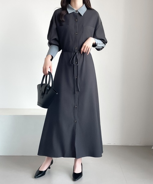 ABITOKYO(アビトーキョー)の「バイカラーウエストマークシャツワンピース(ワンピース・レディース・ブラック/チャコールグレー・L/M)」の3枚目の写真