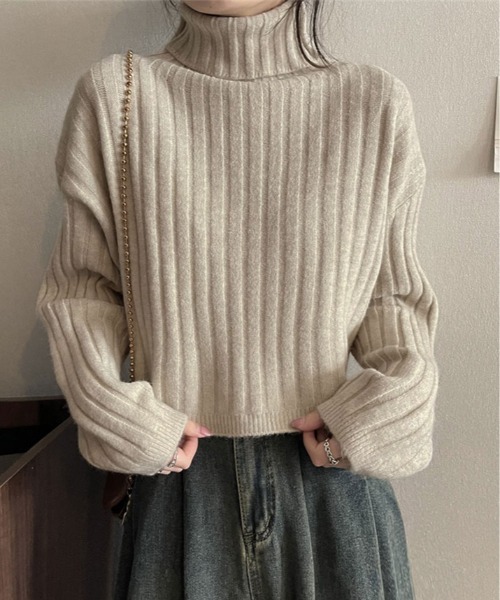 【おおらか】everyone タートルネックリブニット 安心感あるプチプラニット】リブニットタートルネックプルオーバー