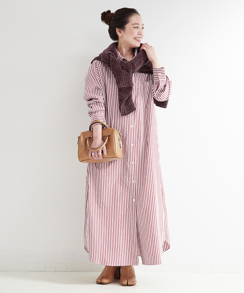 B.C STOCK(ベーセーストック)の「《2点セット》モールニット&シャツワンピースセット(ワンピース・レディース・グレー/レッド/ブルー・FREE)」の3枚目の写真