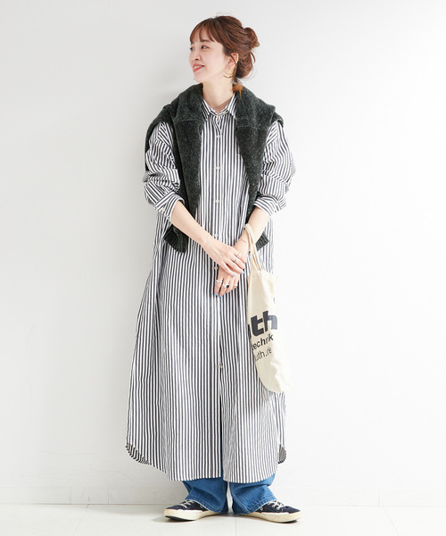 B.C STOCK(ベーセーストック)の「《2点セット》モールニット&シャツワンピースセット(ワンピース・レディース・グレー/レッド/ブルー・FREE)」の4枚目の写真