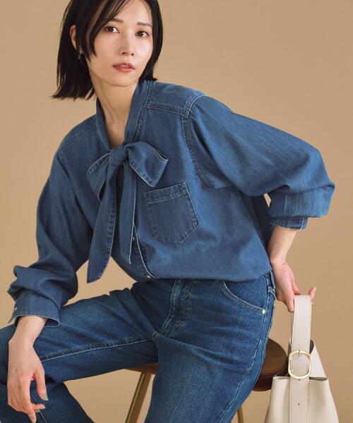セルロース混デニムボウタイブラウス【洗濯機洗い可】（シャツ