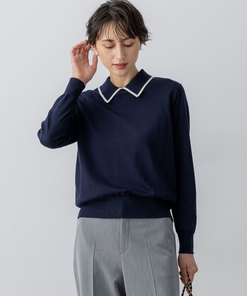 23区 S(ニジュウサンクチイサイサイズ)の「【洗える】ウーステッドウール ポロニット(ニット/セーター・レディース・ブラック系/ライトグレー系/ネイビー系・32)」の3枚目の写真