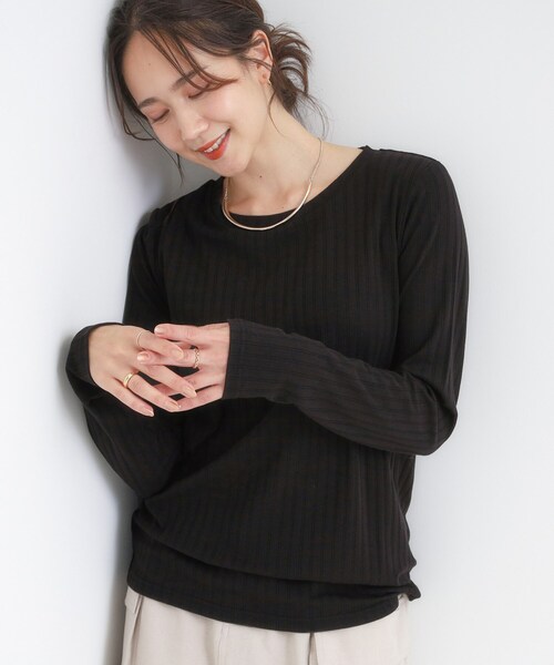 SHOO・LA・RUE（シューラルー）の「【S-LL】1枚でも、重ね着にも ワイドテレコ クルーネックインナー（Tシャツ/カットソー・レディース・オフホワイト/ブラック/ブラウン系・01/02/03/04）」の2枚目の写真