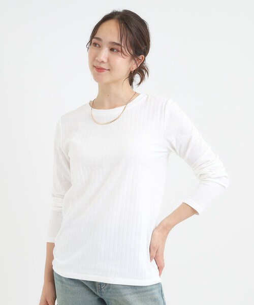 SHOO・LA・RUE（シューラルー）の「【S-LL】1枚でも、重ね着にも ワイドテレコ クルーネックインナー（Tシャツ/カットソー・レディース・オフホワイト/ブラック/ブラウン系・01/02/03/04）」の4枚目の写真