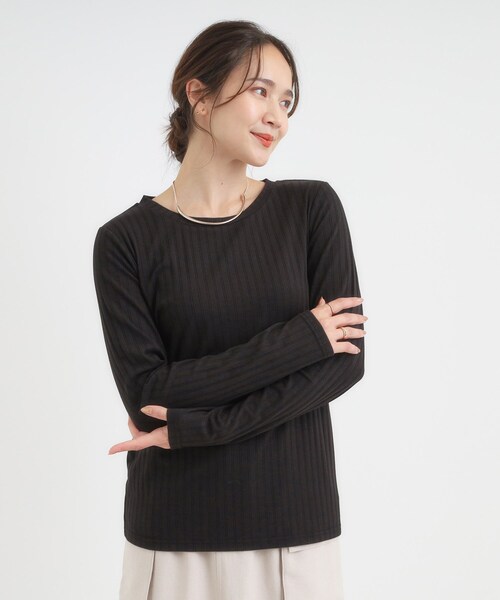 SHOO・LA・RUE（シューラルー）の「【S-LL】1枚でも、重ね着にも ワイドテレコ クルーネックインナー（Tシャツ/カットソー・レディース・オフホワイト/ブラック/ブラウン系・01/02/03/04）」の18枚目の写真