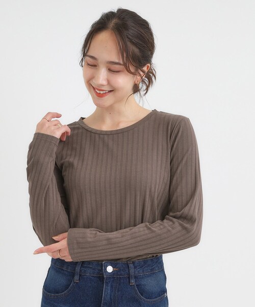 SHOO・LA・RUE（シューラルー）の「【S-LL】1枚でも、重ね着にも ワイドテレコ クルーネックインナー（Tシャツ/カットソー・レディース・オフホワイト/ブラック/ブラウン系・01/02/03/04）」の14枚目の写真