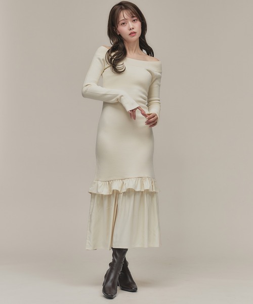 セール】back open hem gather knit onepiece / バックオープンヘム