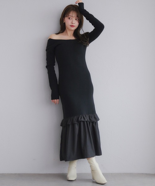 fupel(フぺル)の「back open hem gather knit onepiece / バックオープンヘムギャザーニットワンピース(ワンピース・レディース・アイボリー/ブラック・FREE)」の2枚目の写真
