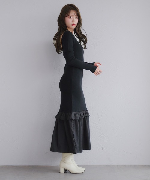 fupel(フぺル)の「back open hem gather knit onepiece / バックオープンヘムギャザーニットワンピース(ワンピース・レディース・アイボリー/ブラック・FREE)」の3枚目の写真