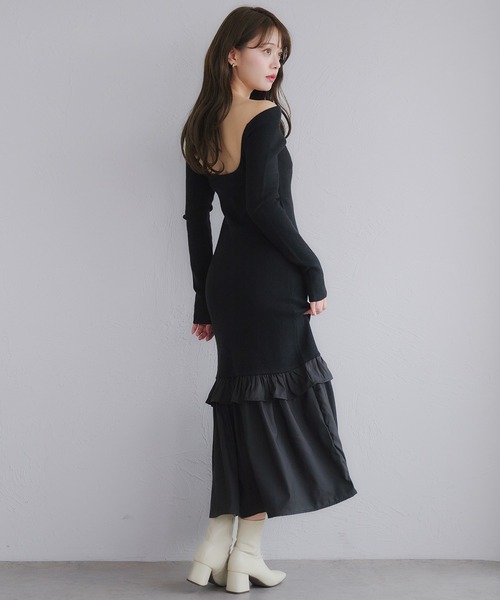 fupel(フぺル)の「back open hem gather knit onepiece / バックオープンヘムギャザーニットワンピース(ワンピース・レディース・アイボリー/ブラック・FREE)」の7枚目の写真