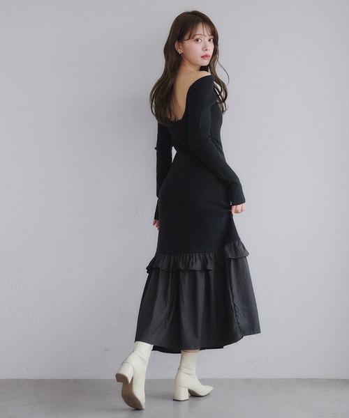 セール】back open hem gather knit onepiece / バックオープンヘム