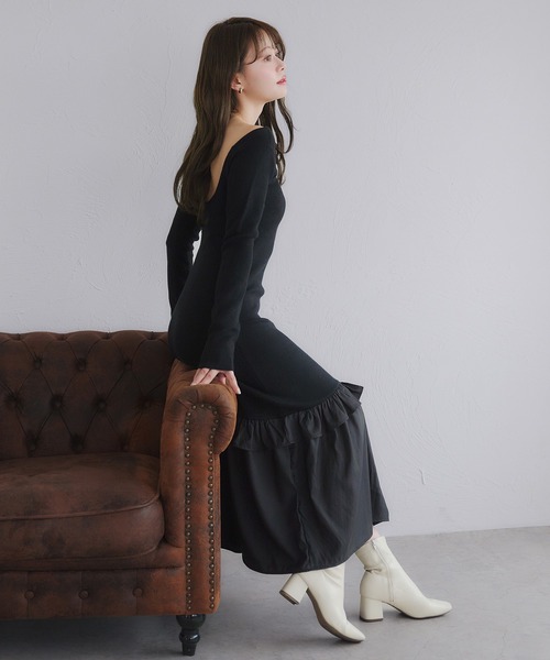 セール】back open hem gather knit onepiece / バックオープンヘム