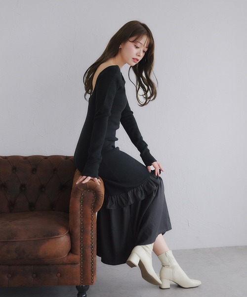 fupel(フぺル)の「back open hem gather knit onepiece / バックオープンヘムギャザーニットワンピース(ワンピース・レディース・アイボリー/ブラック・FREE)」の5枚目の写真
