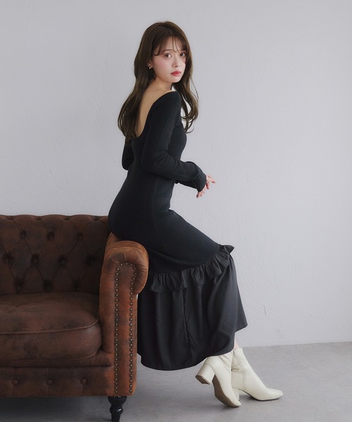 back open hem gather knit onepiece / バックオープンヘムギャザー