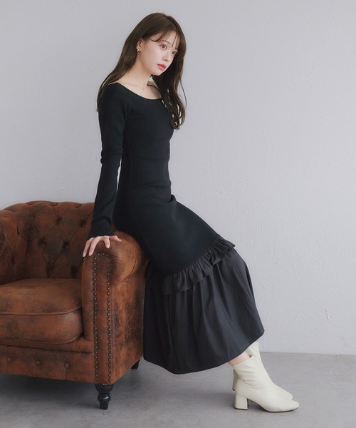 fupel(フぺル)の「back open hem gather knit onepiece / バックオープンヘムギャザーニットワンピース(ワンピース・レディース・アイボリー/ブラック・FREE)」の10枚目の写真