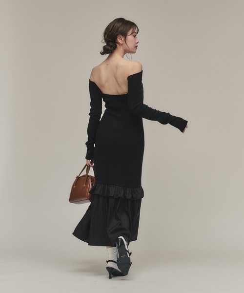 back open hem gather knit onepiece / バックオープンヘムギャザー