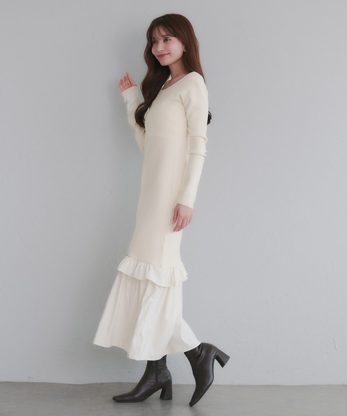 back open hem gather knit onepiece / バックオープンヘムギャザー