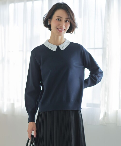 J.PRESS(ジェイプレス)の「レーヨンストレッチ 刺?襟 ニット(ニット/セーター・レディース・ブラック系/ベージュ系/ネイビー系・LARGE/MEDIUM)」の3枚目の写真