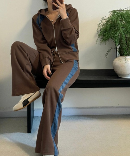 セール】デニム切り替えスウェットフード付きジップ付きトップスワイド