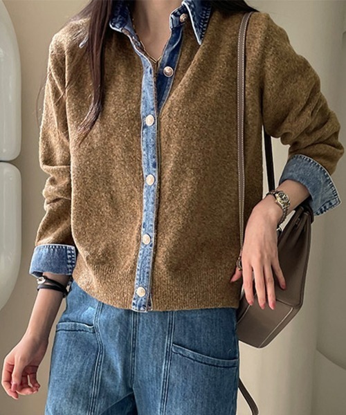 ReRe(リリ)の「デニムシャツ風レイヤードニットトップス(ニット/セーター・レディース・オフホワイト/ブラウン/ライトグレー/ダークグレー/ネイビー・FREE)」の7枚目の写真