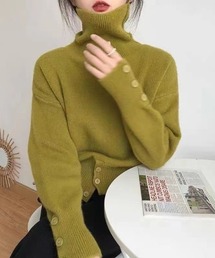 【秋冬】ハイネック タートルボタン ニットセーター トップス