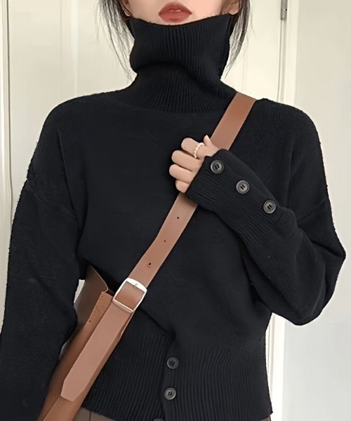 Beststore(ベストストア)の「【秋冬】ハイネック タートルボタン ニットセーター トップス(ニット/セーター・レディース・ブラック/カーキ/グレー/ホワイト/グリーン/キャメル/ベージュ/パープル/ブラウン・FREE)」の3枚目の写真
