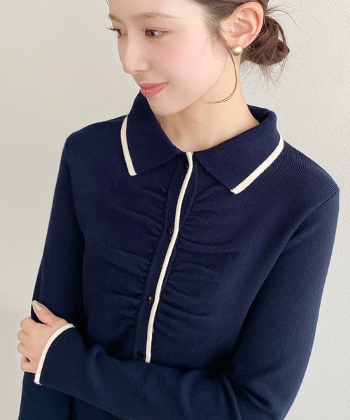 moment+(モーメントプラス)の「フロントギャザー配色ラインポロニットプルオーバー(ニット/セーター・レディース・ナチュラル/チャコールグレー/ボルドー/ブラウン/ネイビー/ブラック/アイボリー・M)」の13枚目の写真