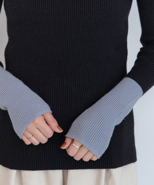 POU DOU DOU(プードゥドゥ)の「シアバターバイカラーハイネックリブニット(ニット/セーター・レディース・アイボリー/ブラック/グリーン/ブルー・M)」の19枚目の写真