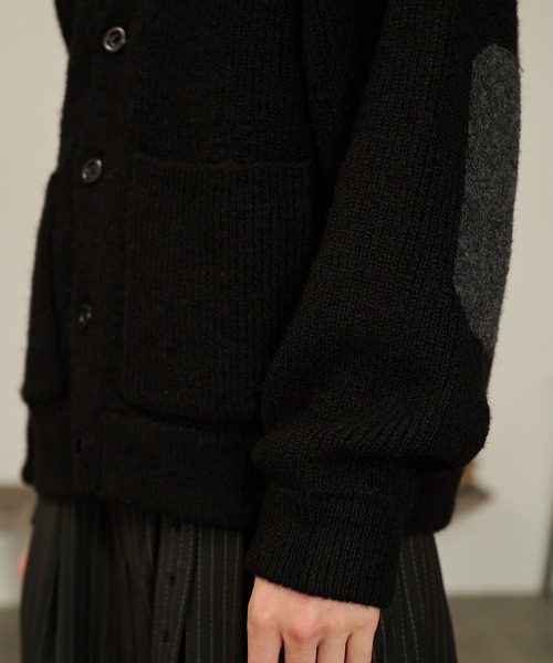 専用【良品】マチャット ウールエルボーパッチカーディガン F 黒 Elbow patch wool cardigan-エルボーパッチウールカーディガン-Maison