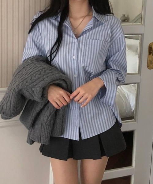 SHEPP（シープ）の「【26年春新作】ストライプオーバーサイズシャツブラウス（シャツ/ブラウス・レディース・ブルー/ピンク・L/M）」の5枚目の写真