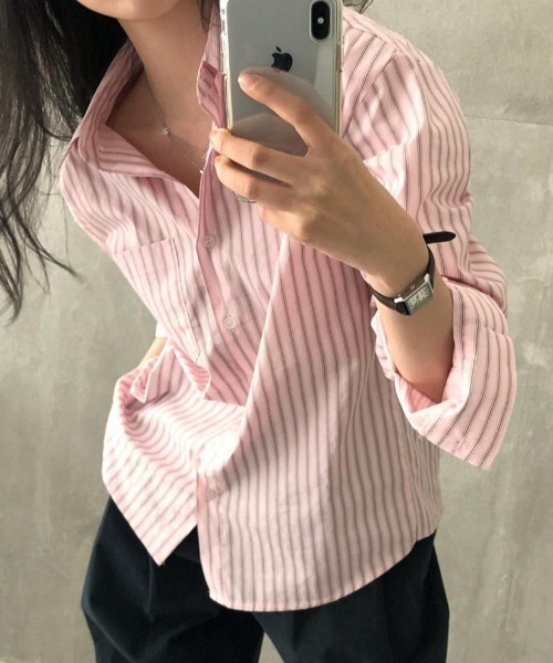 SHEPP（シープ）の「【26年春新作】ストライプオーバーサイズシャツブラウス（シャツ/ブラウス・レディース・ブルー/ピンク・L/M）」の9枚目の写真