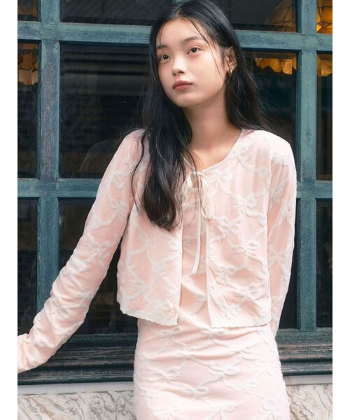 CALNAMUR（カルナムール）の「リボンジャガードカーディガン（カーディガン/ボレロ・レディース・ライトブルー/ピンク/アイボリー・FREE）」の3枚目の写真