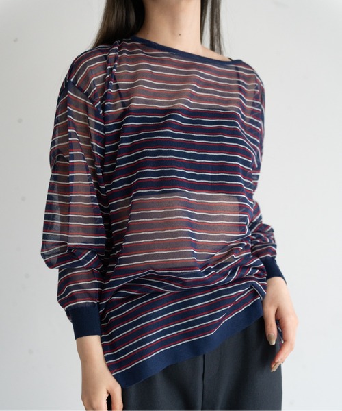 hwyl(ヒュイル)の「シアーボーダーニット(Tシャツ/カットソー・レディース・グリーン/ネイビー/オレンジ・FREE)」の3枚目の写真