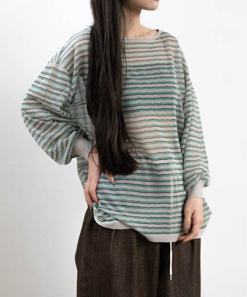 hwyl(ヒュイル)の「シアーボーダーニット(Tシャツ/カットソー・レディース・グリーン/ネイビー/オレンジ・FREE)」の2枚目の写真