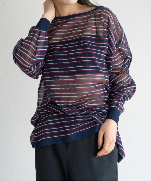 hwyl(ヒュイル)の「シアーボーダーニット(Tシャツ/カットソー・レディース・グリーン/ネイビー/オレンジ・FREE)」の17枚目の写真
