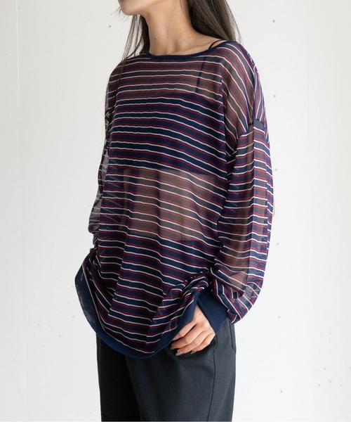 hwyl(ヒュイル)の「シアーボーダーニット(Tシャツ/カットソー・レディース・グリーン/ネイビー/オレンジ・FREE)」の19枚目の写真