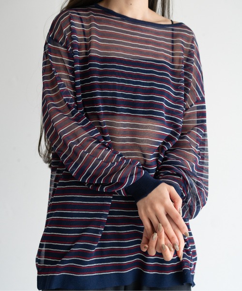 hwyl(ヒュイル)の「シアーボーダーニット(Tシャツ/カットソー・レディース・グリーン/ネイビー/オレンジ・FREE)」の20枚目の写真