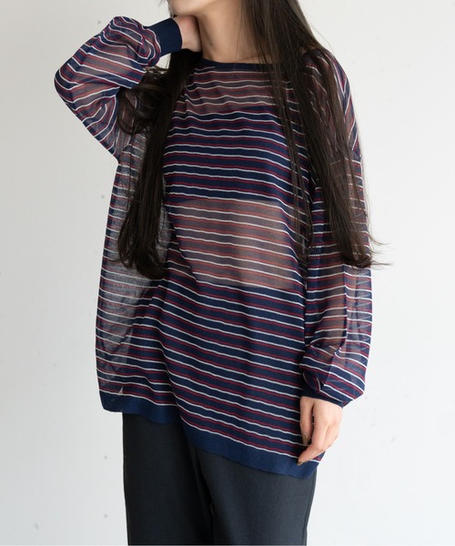 hwyl(ヒュイル)の「シアーボーダーニット(Tシャツ/カットソー・レディース・グリーン/ネイビー/オレンジ・FREE)」の21枚目の写真