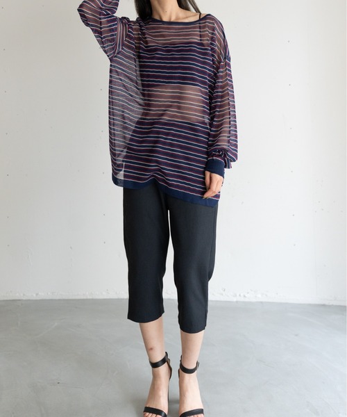 hwyl(ヒュイル)の「シアーボーダーニット(Tシャツ/カットソー・レディース・グリーン/ネイビー/オレンジ・FREE)」の22枚目の写真