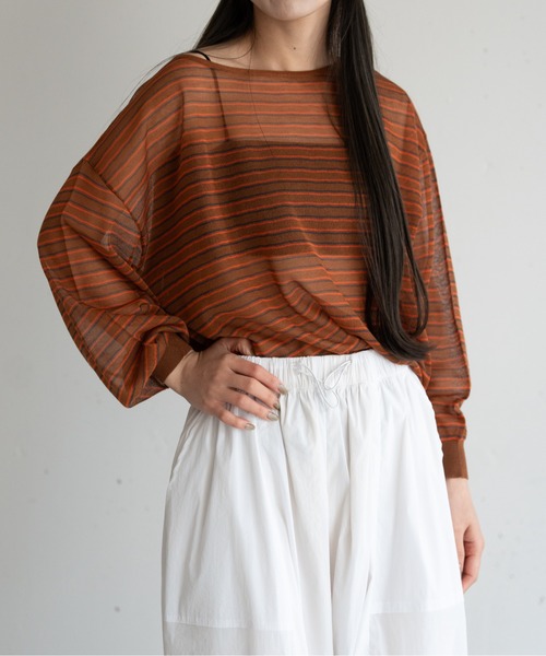 hwyl(ヒュイル)の「シアーボーダーニット(Tシャツ/カットソー・レディース・グリーン/ネイビー/オレンジ・FREE)」の4枚目の写真