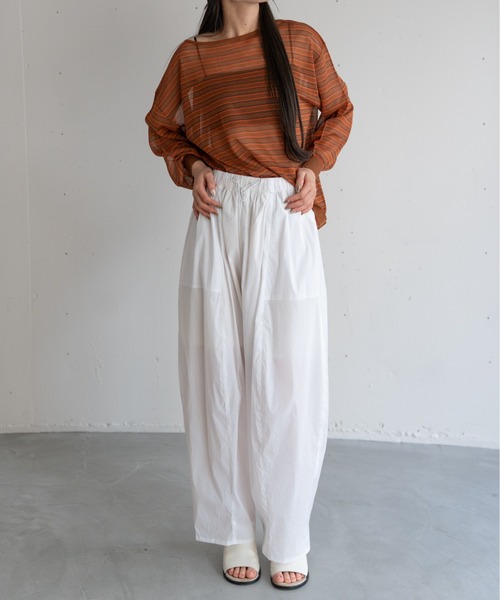 hwyl(ヒュイル)の「シアーボーダーニット(Tシャツ/カットソー・レディース・グリーン/ネイビー/オレンジ・FREE)」の5枚目の写真