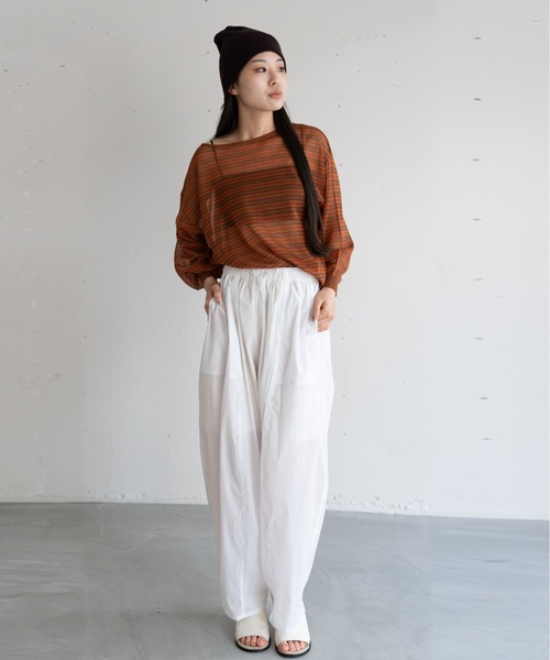 hwyl(ヒュイル)の「シアーボーダーニット(Tシャツ/カットソー・レディース・グリーン/ネイビー/オレンジ・FREE)」の7枚目の写真