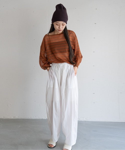 hwyl(ヒュイル)の「シアーボーダーニット(Tシャツ/カットソー・レディース・グリーン/ネイビー/オレンジ・FREE)」の8枚目の写真