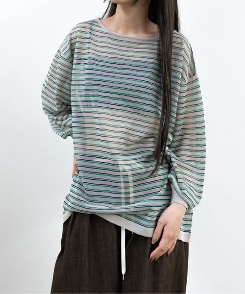 hwyl(ヒュイル)の「シアーボーダーニット(Tシャツ/カットソー・レディース・グリーン/ネイビー/オレンジ・FREE)」の10枚目の写真