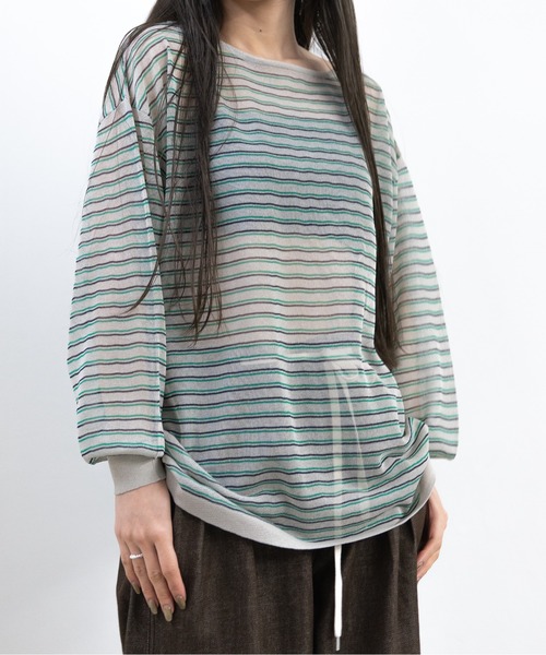 hwyl(ヒュイル)の「シアーボーダーニット(Tシャツ/カットソー・レディース・グリーン/ネイビー/オレンジ・FREE)」の11枚目の写真