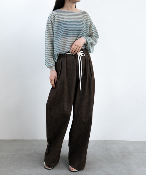 hwyl(ヒュイル)の「シアーボーダーニット(Tシャツ/カットソー・レディース・グリーン/ネイビー/オレンジ・FREE)」の14枚目の写真