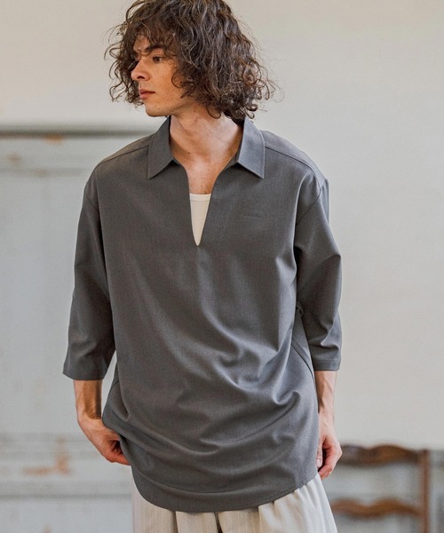 CAMBIO（カンビオ）の「ms6421-Stretch Tropical Skipper 3-4 Sleeve Pullover Shirts 七分袖プルオーバーシャツ(S67526cmb)（シャツ/ブラウス・メンズ・キナリ/ブラック/チャコール/ダークベージュ・S/M/L）」の3枚目の写真