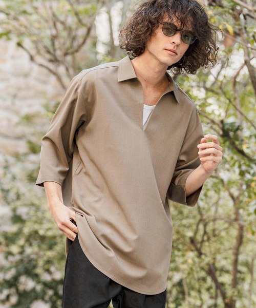 CAMBIO（カンビオ）の「ms6421-Stretch Tropical Skipper 3-4 Sleeve Pullover Shirts 七分袖プルオーバーシャツ(S67526cmb)（シャツ/ブラウス・メンズ・キナリ/ブラック/チャコール/ダークベージュ・S/M/L）」の4枚目の写真