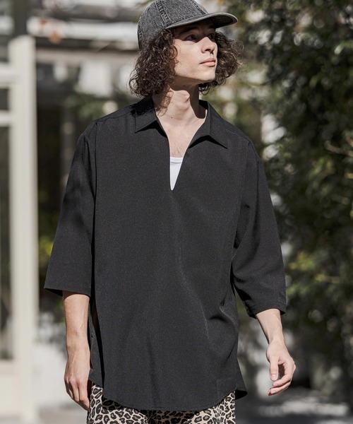 CAMBIO（カンビオ）の「ms6421-Stretch Tropical Skipper 3-4 Sleeve Pullover Shirts 七分袖プルオーバーシャツ(S67526cmb)（シャツ/ブラウス・メンズ・キナリ/ブラック/チャコール/ダークベージュ・S/M/L）」の2枚目の写真